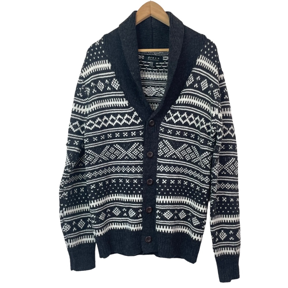 21Men Black White Wool Button Front Cardigan Sweater